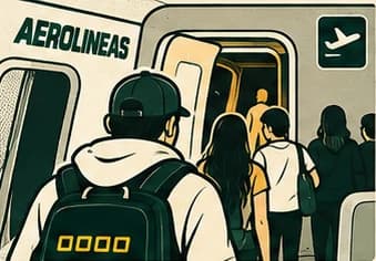 Pasajeros con mochila entran por la puerta del avión