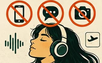 Una persona con audífonos escucha música; teléfono, mensajes y cámara aparecen prohibidos